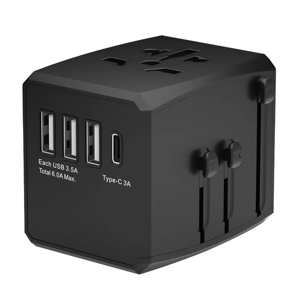 Захранващ адаптер PD30W, 3 x USB, Type-C, EU, UK, AUS, US - Techsuit (HHT904-B3) - Черен