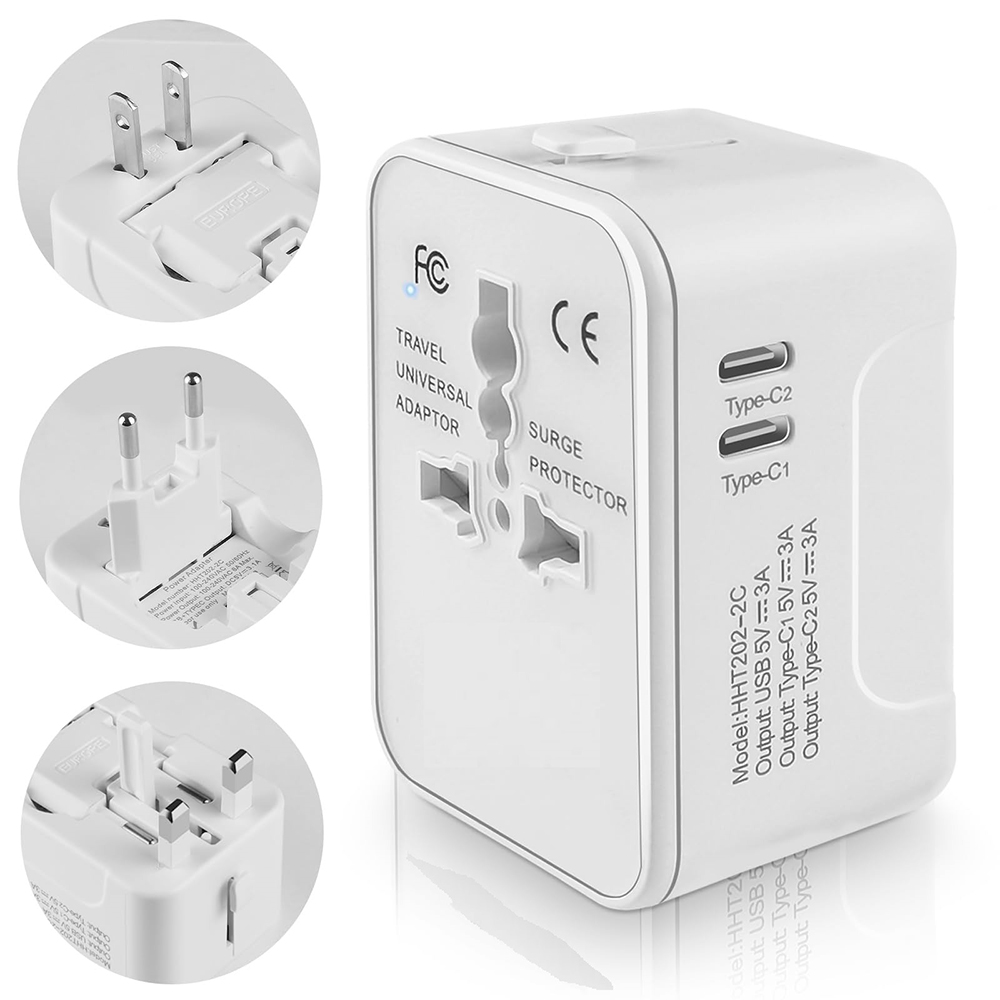 Адаптер за 2 x USB-C, EU, UK, AUS, US - Techsuit (HHT202-2C) - Бял