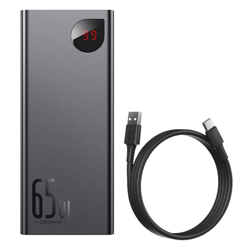 Външен батериен пакет 2x USB, Type-C, Micro-USB, бързо зареждане, 65W, 20000mAh + Type-C кабел - Baseus Adaman (PPIMDA-D01) - Черен