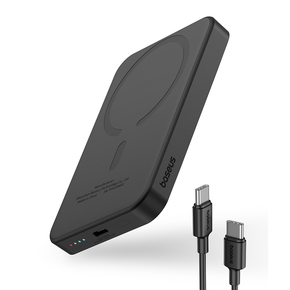 Външна батерия Type-C Type-C, безжично зареждане, 20 W, 5000 mAh + кабел Type-C, 30 см - Baseus Mini (P10022107113113-00) - Черен