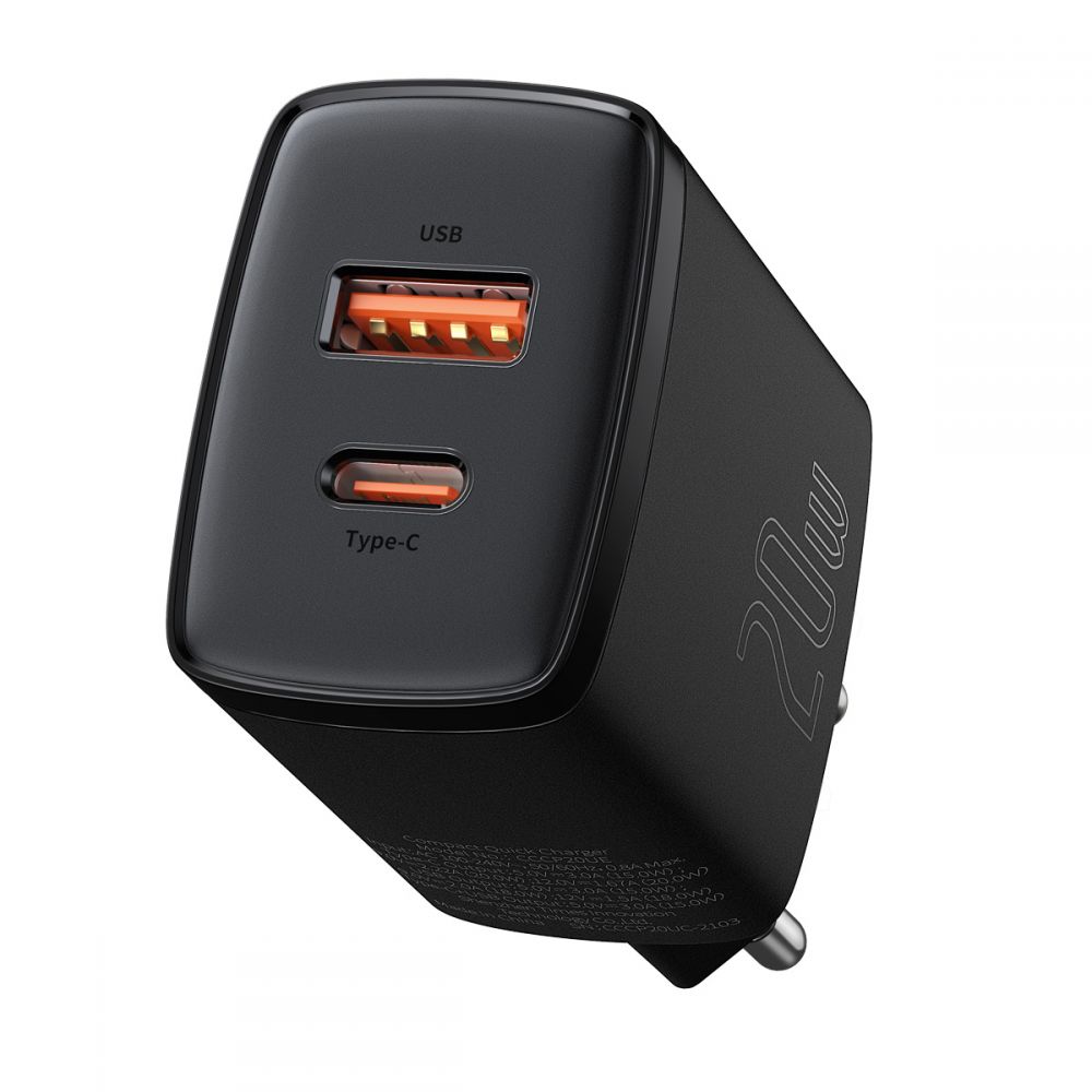 Зарядно устройство Priza USB QC3.0, Type-C, 20W - Baseus Compact (CCXJ-B01) - Черно