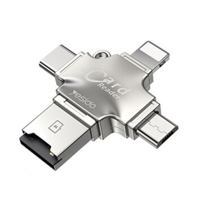 Четец на карти MicroSD + USB адаптер, Type-C, Lightning, Micro-USB - Yesido (GS13) - Сребрист