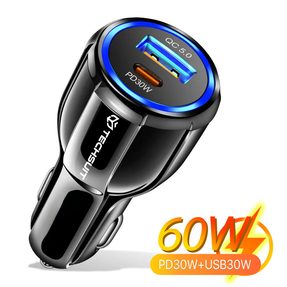 Зарядно за кола USB-A QC 5.0 QC 30W, USB-C PD30W - Techsuit Premium (TE-022) - Черно