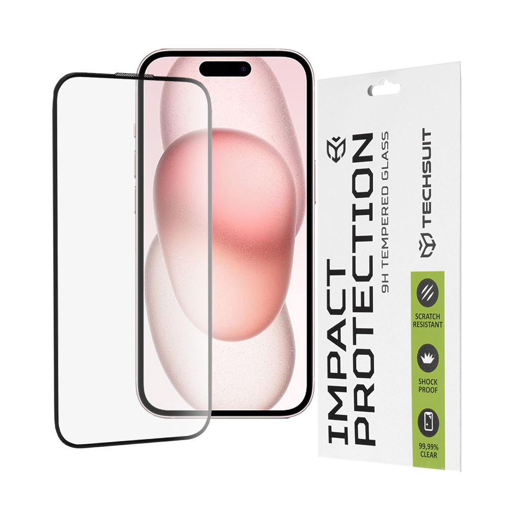 Калъф за iPhone 15 / iPhone 16 - Techsuit 111D Full Cover / Full Glue Glass - Черен