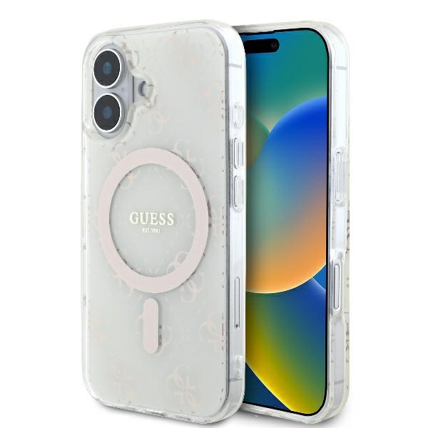 Калъф за iPhone 16 - Guess IML 4G Background MagSafe (GUHMP16SH4DTEH) - Бял