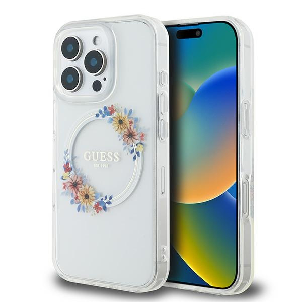 Калъф за iPhone 16 Pro - Guess IML Flowers Wreath MagSafe (GUHMP16LHFHFWWFFCT) - Прозрачен