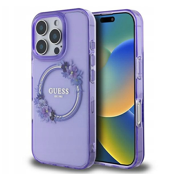 Калъф за iPhone 16 Pro - Guess IML Flowers Wreath MagSafe (GUHMP16LHFHFWWFCU) - Лилав