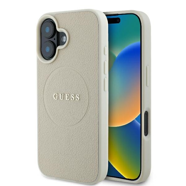 Калъф за iPhone 16 - Guess Grained Златист Ring MagSafe (GUHMP16SPGHSMME) - Бежов