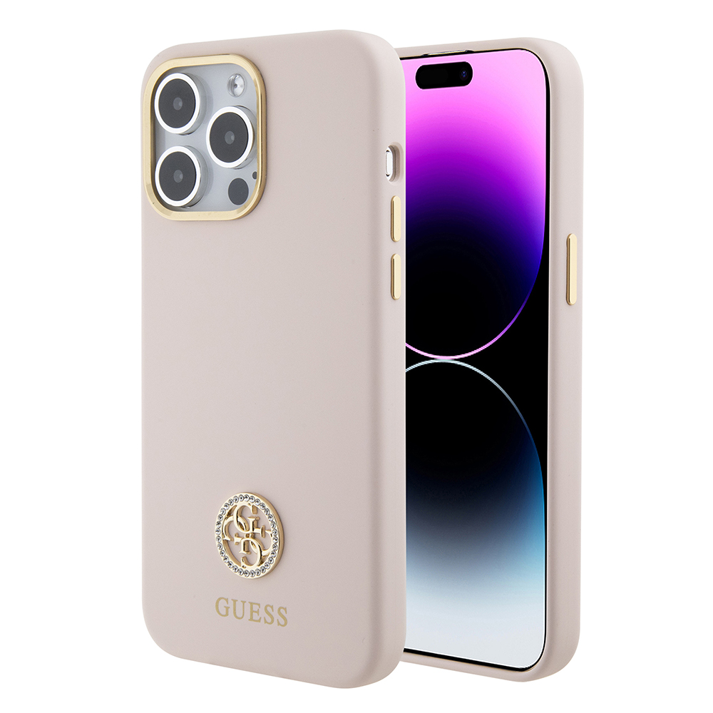 Калъф за iPhone 15 Pro Max - Guess Silicone Logo Rhinestone 4G (GUHCP15XM4DGPP) - светло розов