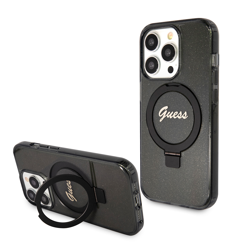Калъф за iPhone 15 Pro Max - Guess Ring Stand Script Script Glitter MagSafe (GUHMP15XHRSGSK) - Черен