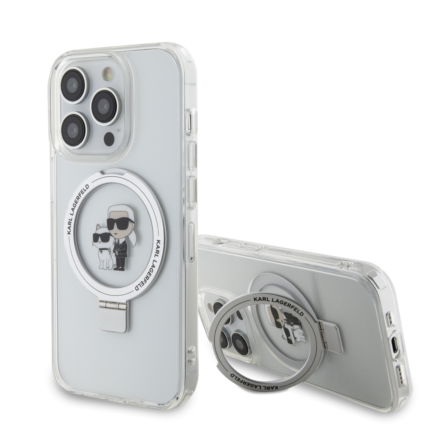 Калъф за iPhone 14 Pro - Karl Lagerfeld Hardcase Ring Stand MagSafe (KLHMP14LHHMMRSKCH) - Бял Karl&Choupette