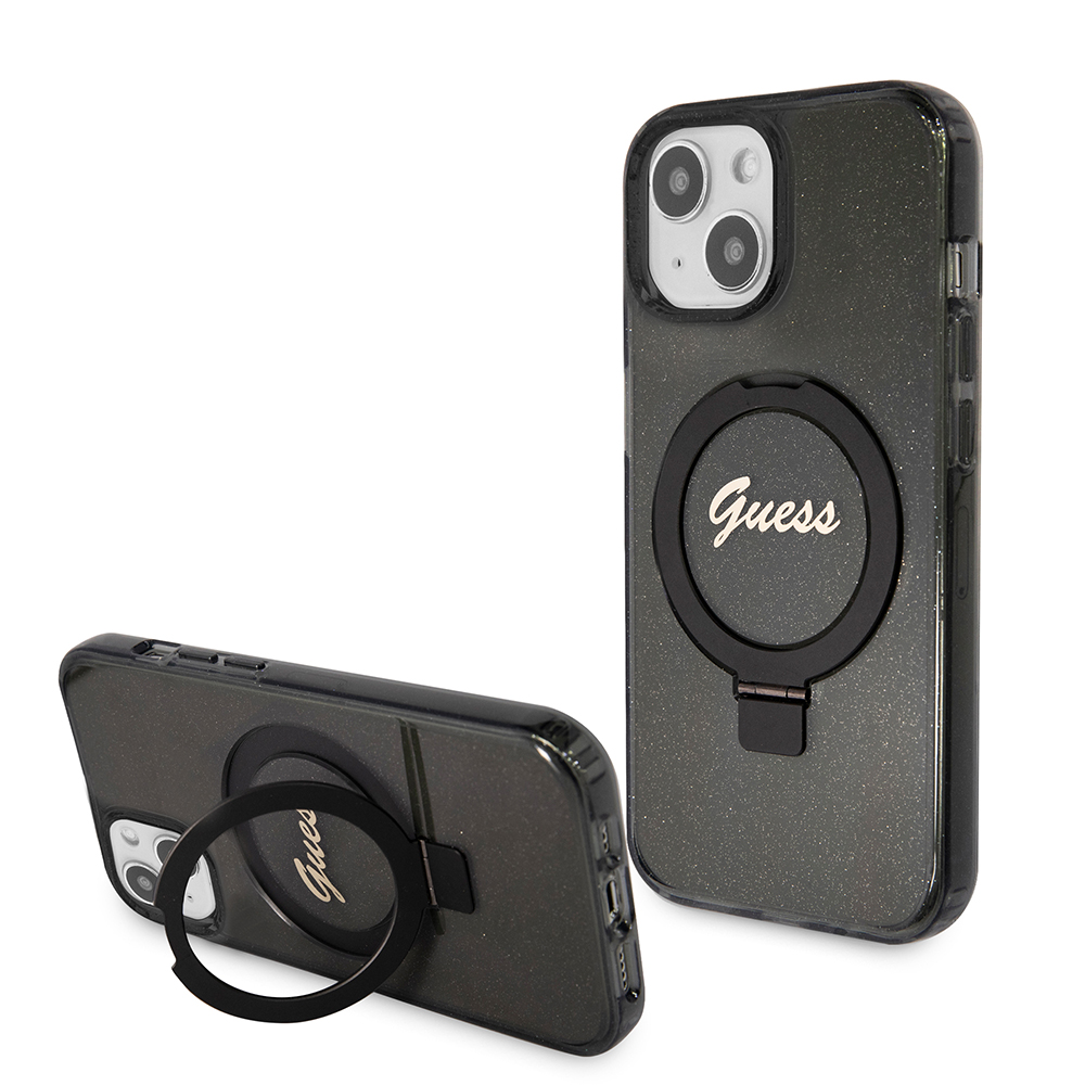 Калъф за iPhone 15 - Guess Ring Stand Script Glitter Glitter MagSafe (GUHMP15SHRSGSK) - Черен