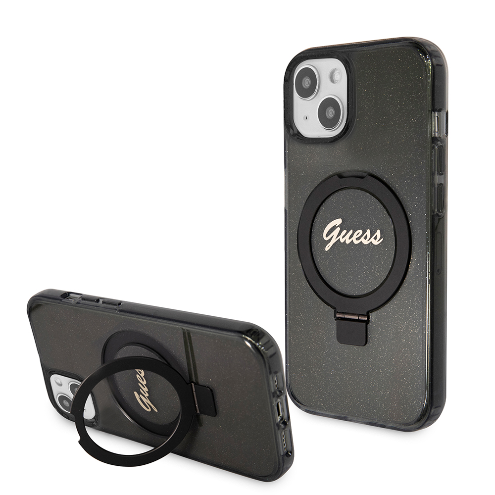 Калъф за iPhone 15 Plus - Guess Ring Stand Script Glitter MagSafe (GUHMP15MHRSGSK) - Черен