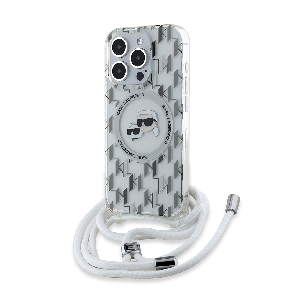 Калъф за iPhone 15 Pro Max - Karl Lagerfeld IML Crossbody MagSafe (KLHMP15XHCKCKCKLCT) - Прозрачен монограм Karl&Choupette Head