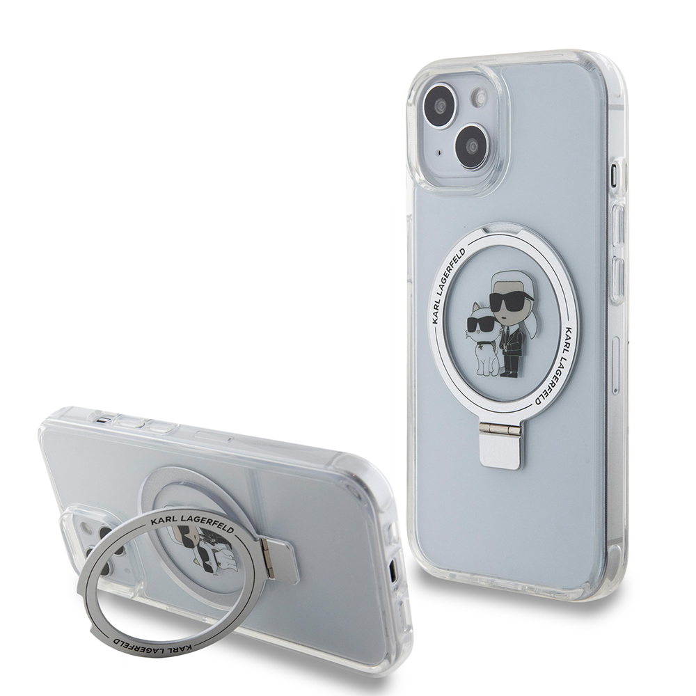 Калъф за iPhone 15 - Karl Lagerfeld Hardcase Ring Stand MagSafe (KLHMP15SHMRSKCH) - Бял Karl&Choupette