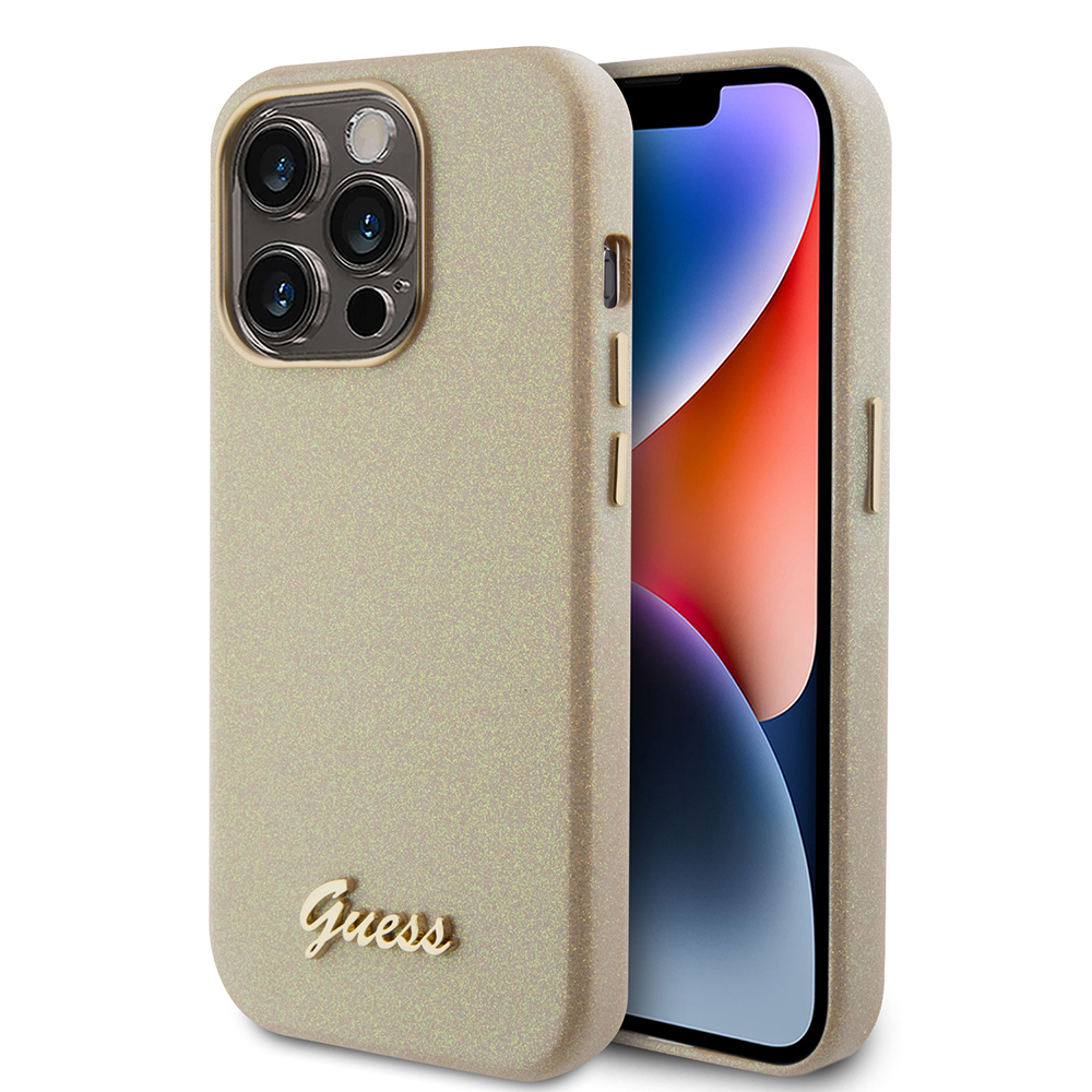 Калъф за iPhone 15 Pro Max - Guess Glitter Glossy Glossy Script (GUHCP15XPGMCSD) - Sparkle Бежов