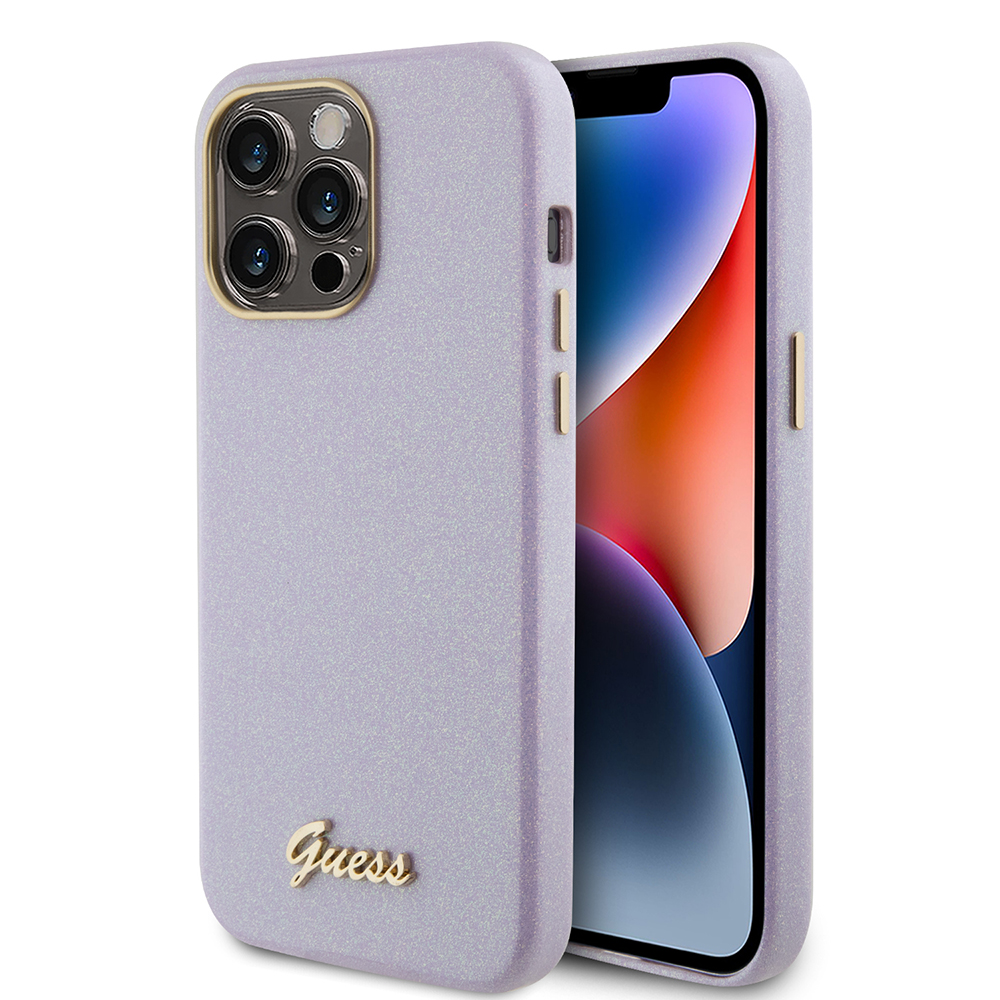 Калъф за iPhone 15 Pro Max - Guess Glitter Glossy Glossy Script (GUHCP15XPGPGMCSL) - светло лилав