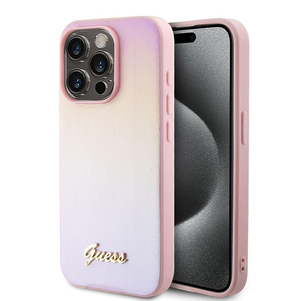 Калъф за iPhone 15 Pro - Guess Saffiano Iridescent Script (GUHCP15LPSAIRSP) - Розов