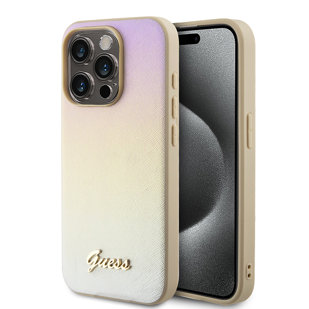 Калъф за iPhone 15 Pro - Guess Saffiano Iridescent Script (GUHCP15LPSAIRSD) - златен