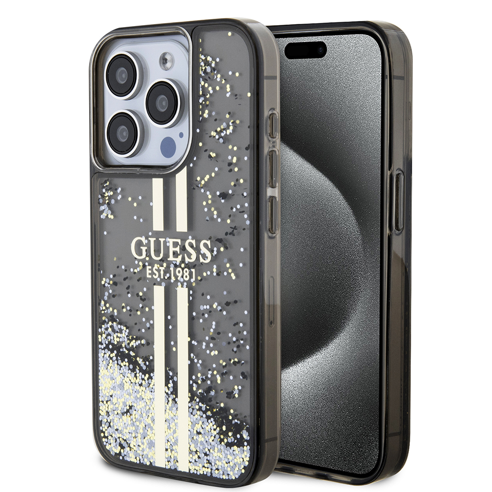 Калъф за iPhone 15 Pro - Guess Liquid Glitter Златист Stripes (GUHCP15LLLLFCFCSEGK) - Черен