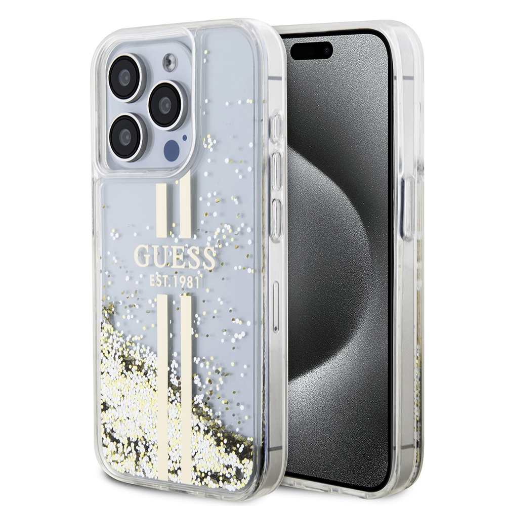 Калъф за iPhone 15 Pro - Guess Liquid Glitter Златист Stripes (GUHCP15LLLLFCFCSEGT) - Прозрачен