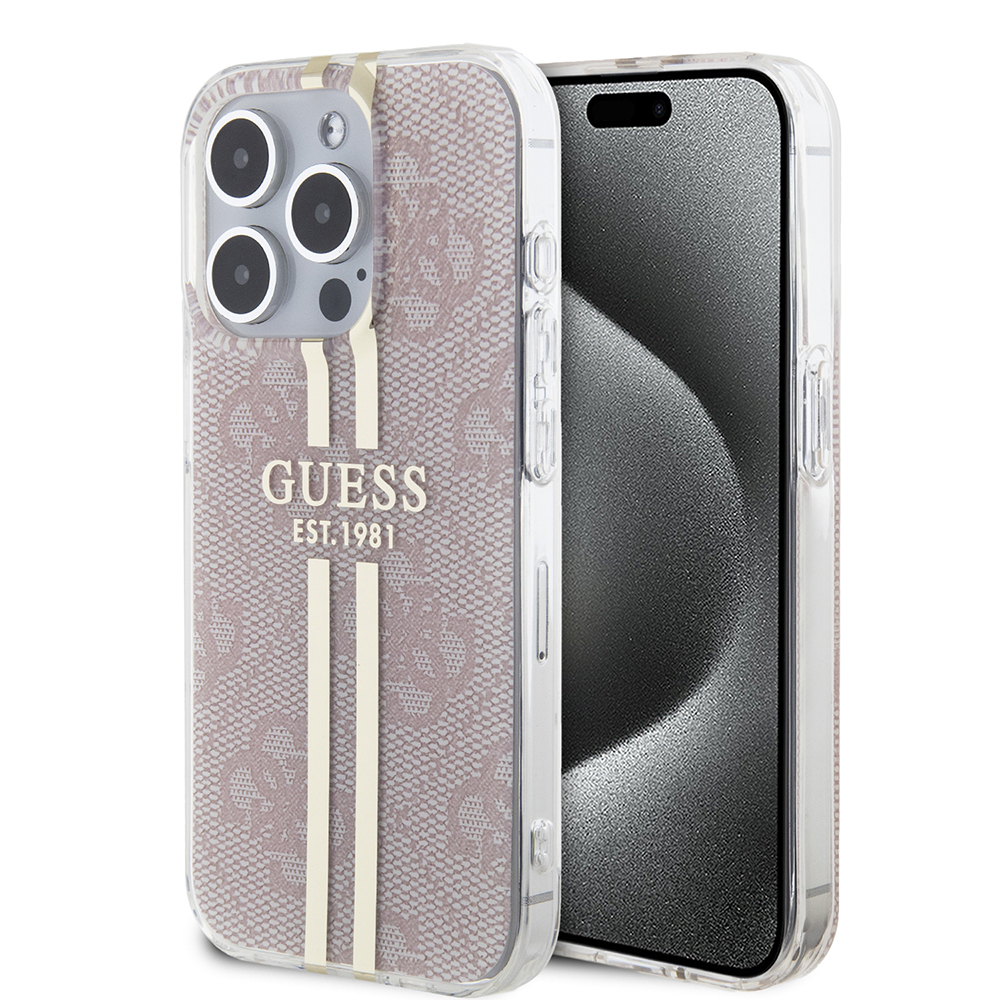 Калъф за iPhone 15 Pro - Guess Hardcase IML 4G Златист Stripe (GUHCP15LH4PSEGP) - Розов
