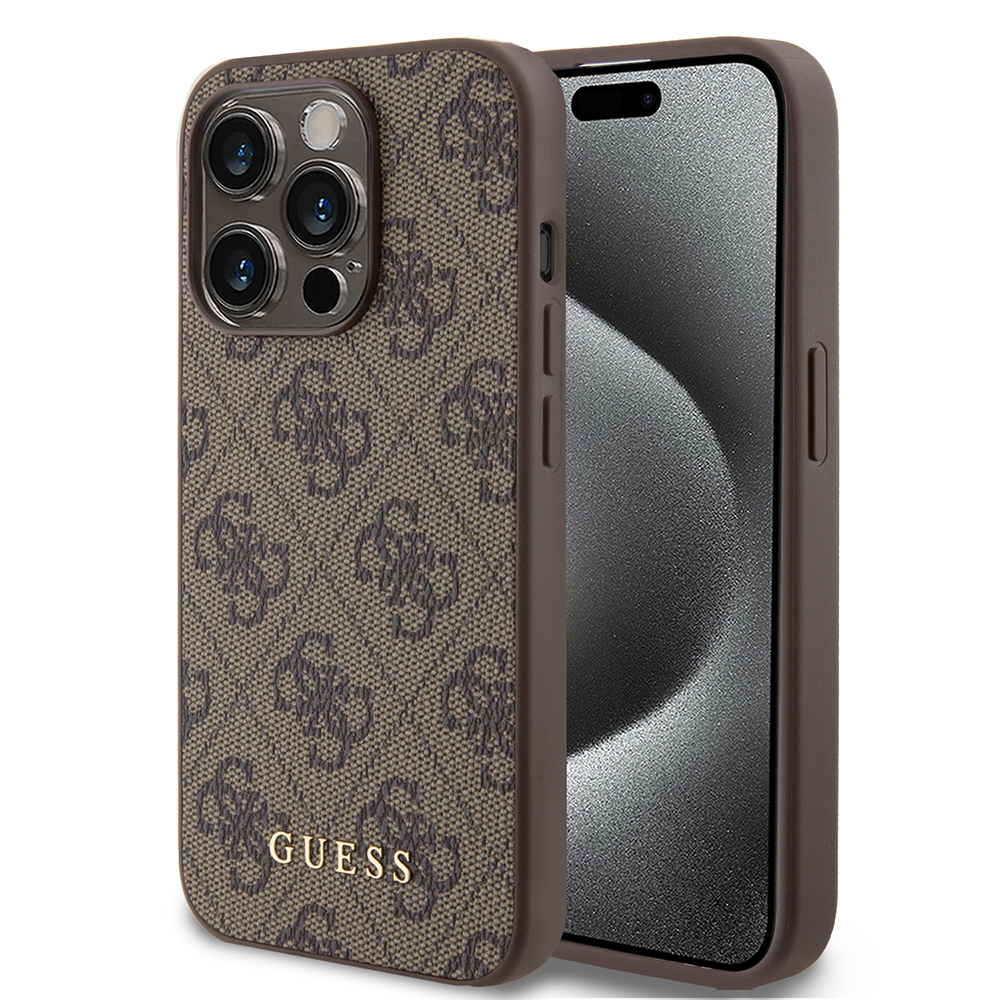 Калъф за iPhone 15 Pro - Guess Hardcase 4G Metal Златист Logo (GUHCP15LG4GFBR) - Кафяв