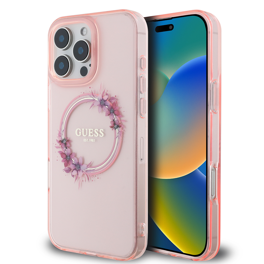 Калъф за iPhone 16 Pro Max - Guess IML Flowers Wreath MagSafe (GUHMP16XHFHFWWFCP) - Розов