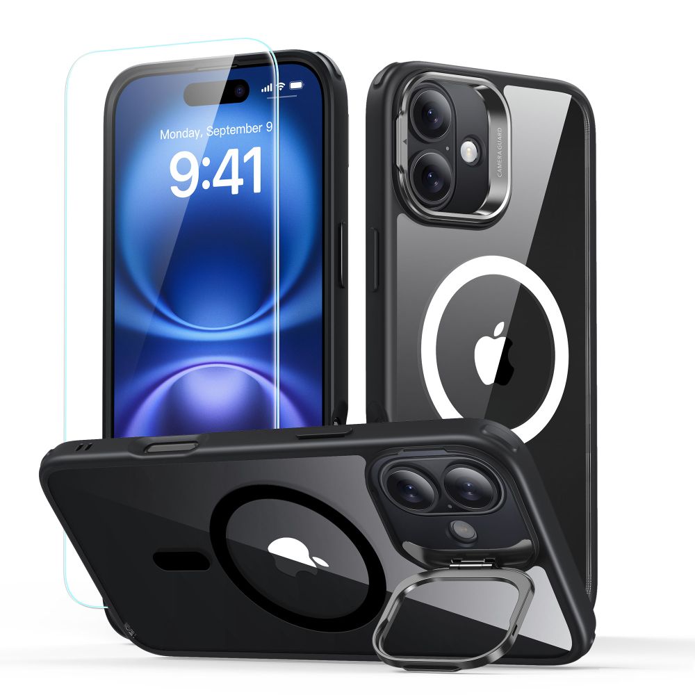 Калъф за iPhone 16 + калъф - ESR Classic Hybrid HaloLock HaloLock Kickstand - Прозрачен Черен