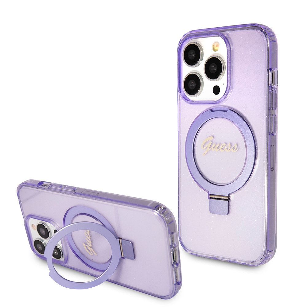 Калъф за iPhone 15 Pro Max - Guess Ring Stand Script Glitter MagSafe (GUHMP15XHRSGSU) - Лилав