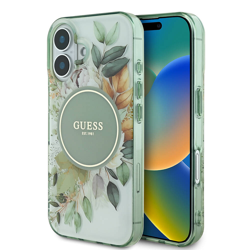 Калъф за iPhone 16 Plus - Guess IML Flower & Tonal Circle MagSafe (GUHMP16MHFHFWWBDCEN) - Зелен