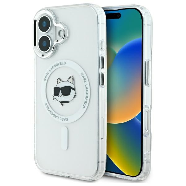Калъф за iPhone 16 Plus - Karl Lagerfeld IML MagSafe (KLHMP16MHLSCHH) - Бял Metal Choupette`s Head