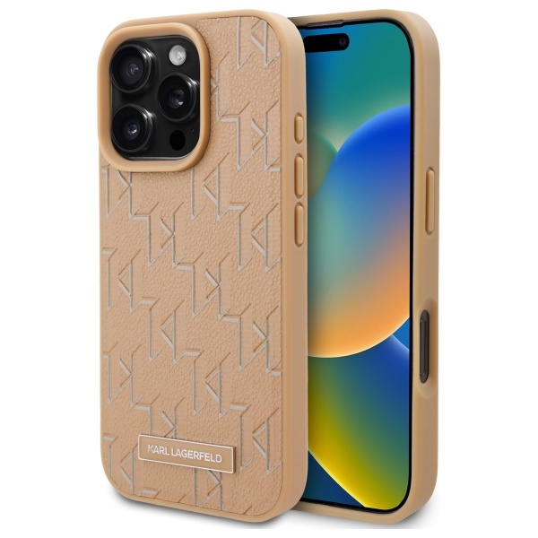 IPhone 16 Pro Case - Karl Lagerfeld Leather MagSafe (KLHMP16LPKHPORPE) - Бежов монограм, метално лого