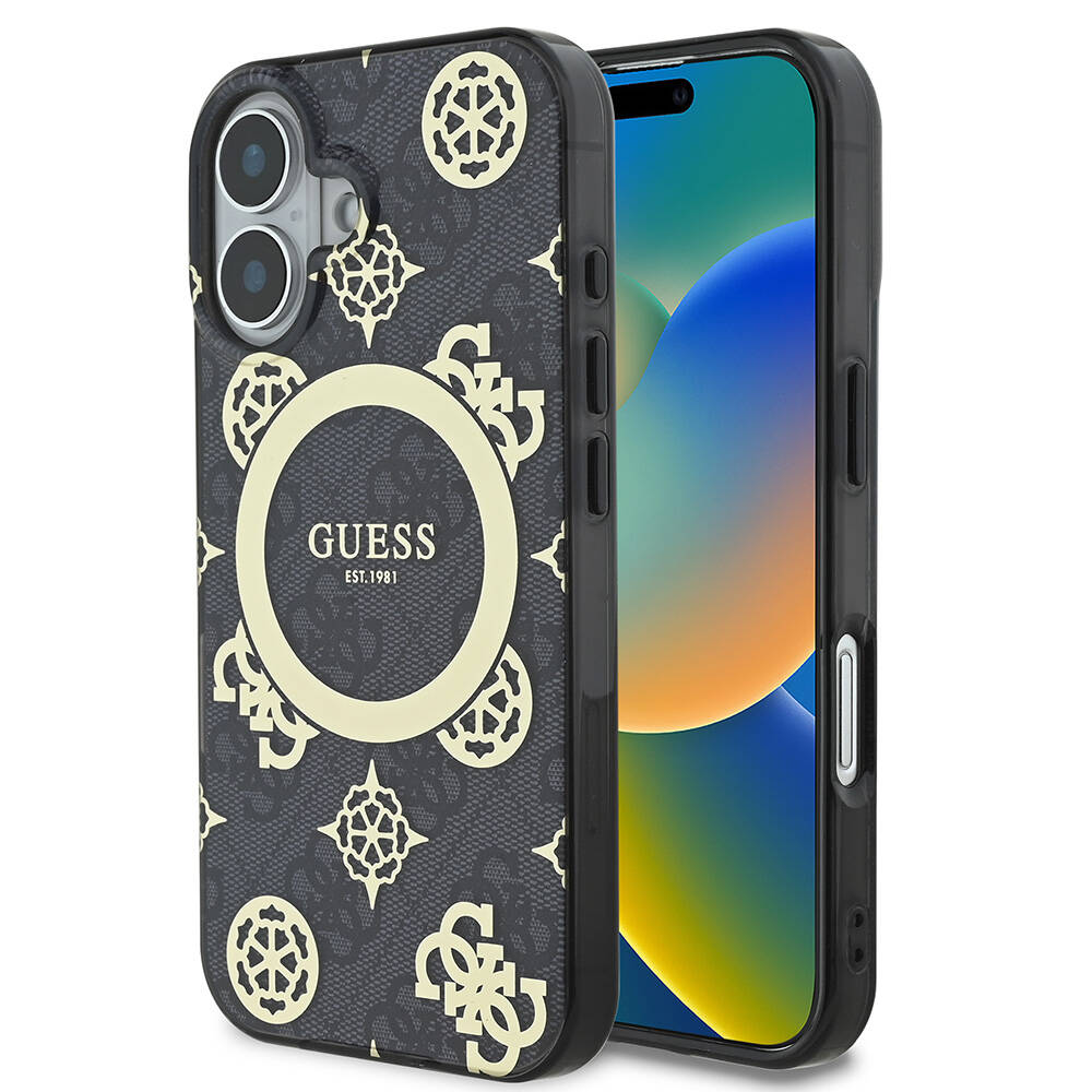 Калъф за iPhone 16 - Guess IML Peony On 4G Background MagSafe (GUHMP16SH4PYEEK) - Черен