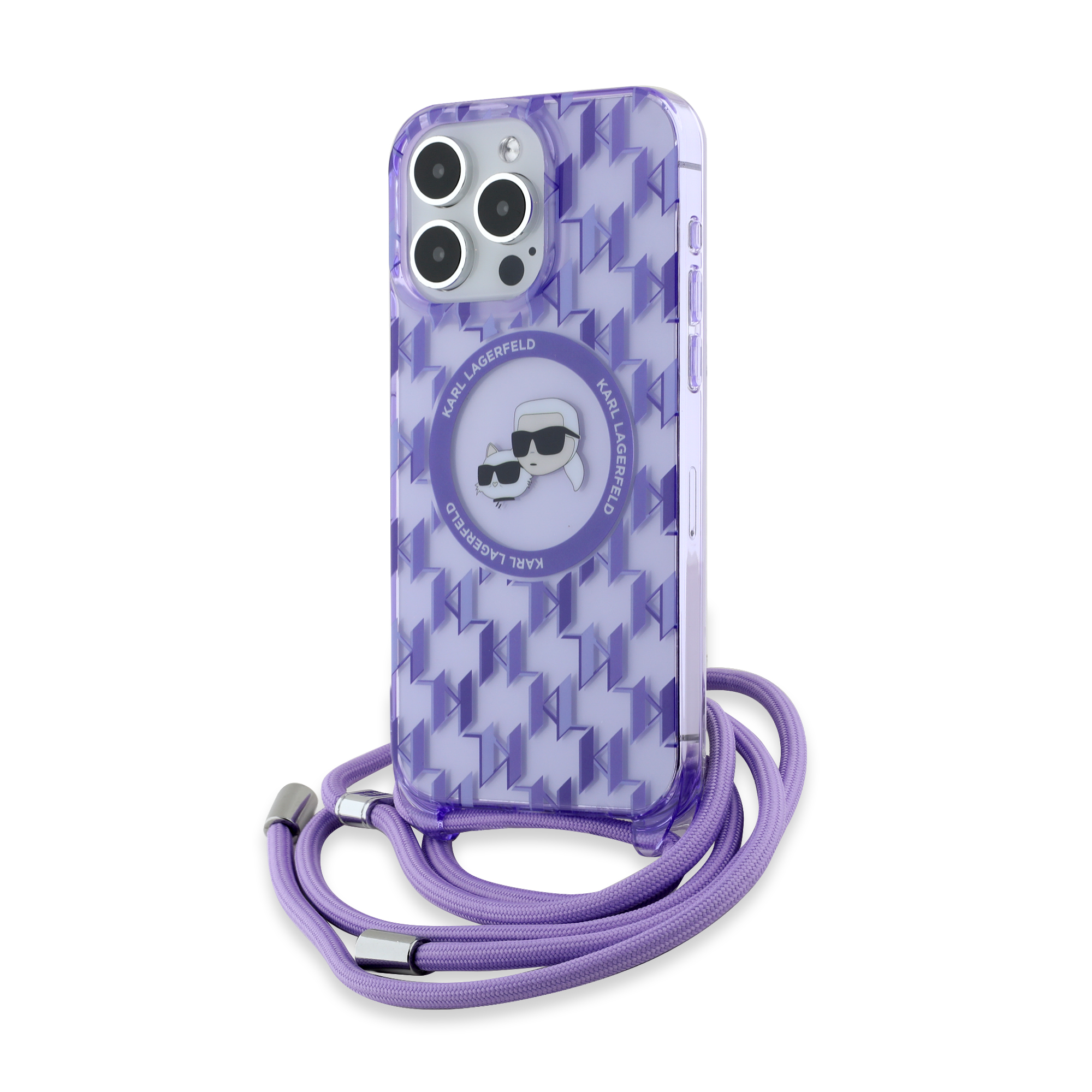 Калъф за iPhone 15 Pro - Karl Lagerfeld IML Crossbody MagSafe (KLHMP15LHCKCKCKCKLCU) - лилав монограм Karl&Choupette Head