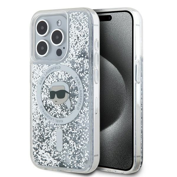 Калъф за iPhone 15 Pro Max - Karl Lagerfeld Liquid Glitter MagSafe (KLHMP15XLGKISGH) - Прозрачен Karl Head