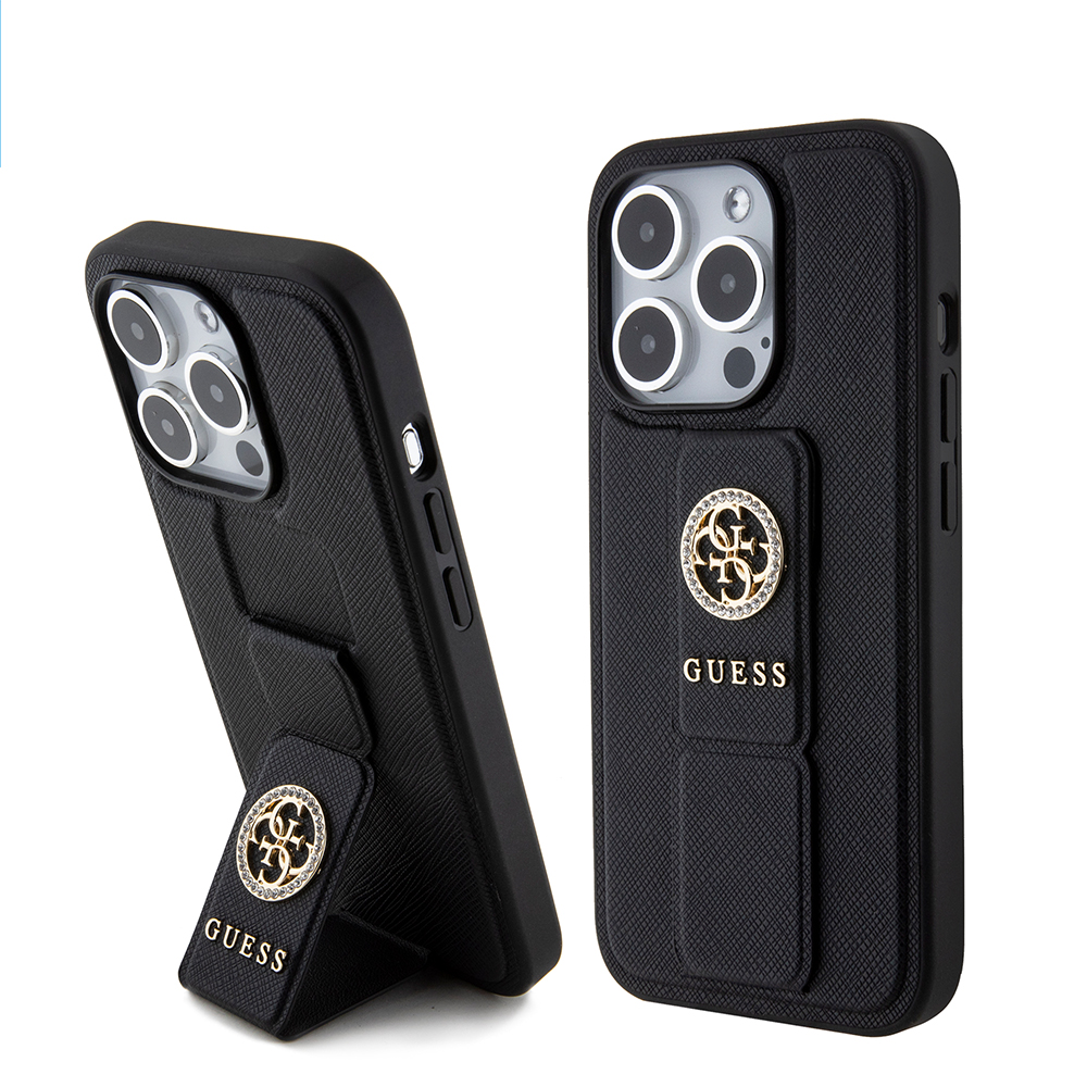 Калъф за iPhone 15 Pro Max - Guess Grip Stand 4G Saffiano Rhinestone Saffiano (GUHCP15XPGPGSSADK) - Черен
