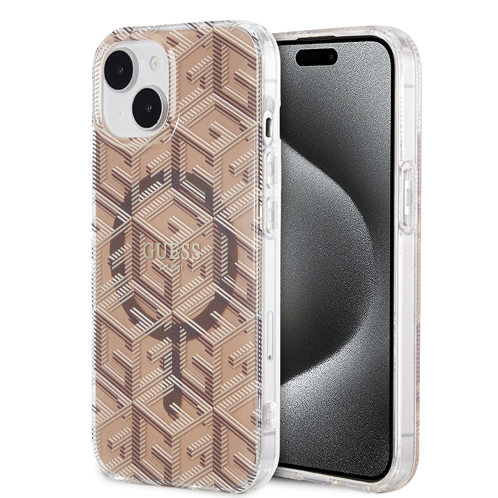 Калъф за iPhone 15 - Guess IML GCube MagSafe (GUHMP15SHGCGCUSTGW) - Кафяв