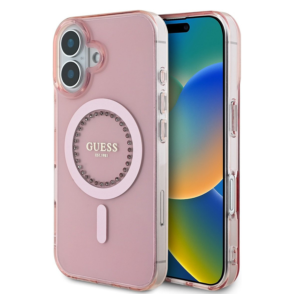 Калъф за iPhone 16 - Guess IML Rhinestones MagSafe (GUHMP16SPFTDTEP) - Розов