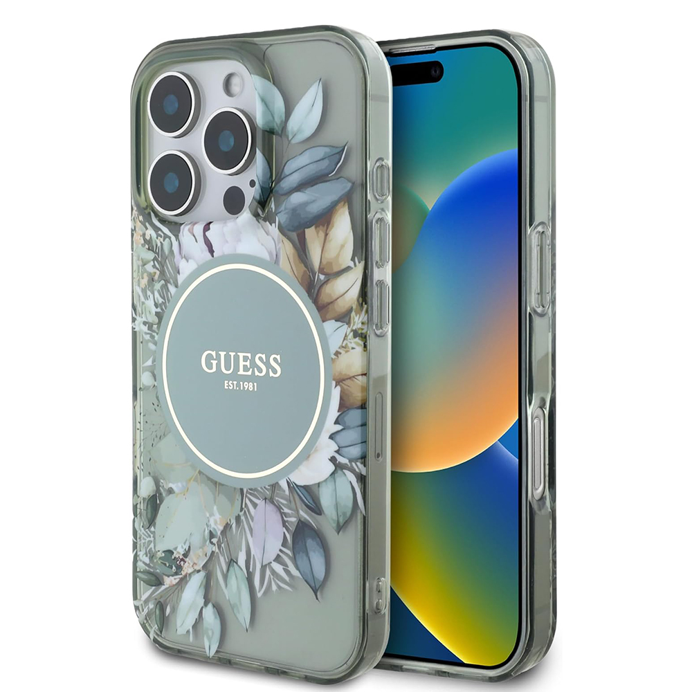 Калъф за iPhone 16 Pro - Guess IML Flower & Tonal Circle MagSafe (GUHMP16LHFHFWWBDCEN) - Зелен