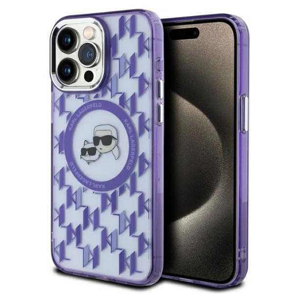 Калъф за iPhone 15 Pro - Karl Lagerfeld IML MagSafe (KLHMP15LHHMCKKMHU) - лилав монограм Karl&Choupette Head