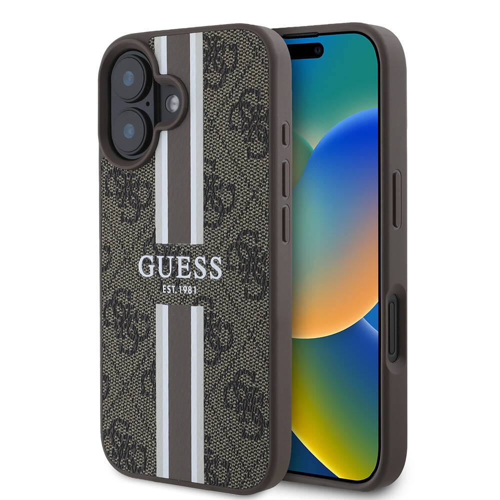 Калъф за iPhone 16 - Guess Hardcase 4G Printed Stripes MagSafe (GUHMP16SP4RPSW) - Кафяв