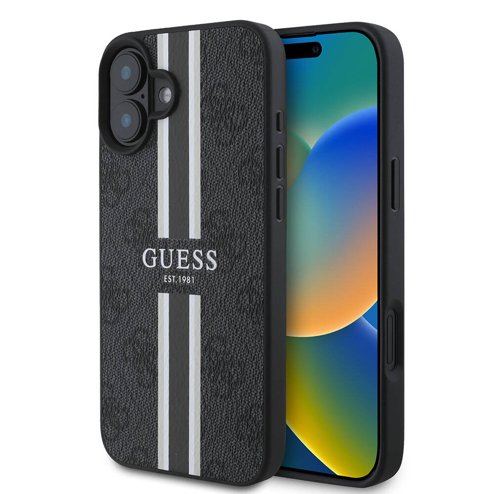 Калъф за iPhone 16 Plus - Guess Hardcase 4G Printed Stripes MagSafe (GUHMP16MP4RPSK) - Черен