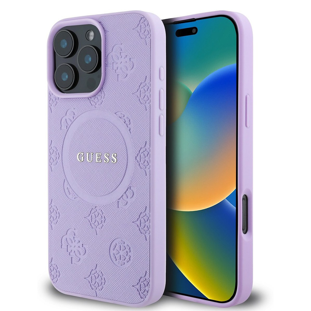 Калъф за iPhone 16 Pro Max - Guess Saffiano Peony Classic Saffiano Classic Logo MagSafe (GUHMP16XPSAPAPSMEU) - Лилав