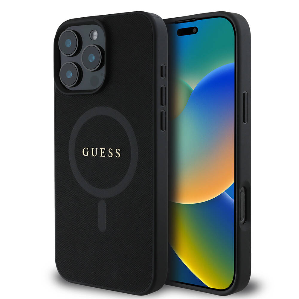 Калъф за iPhone 16 Pro - Guess Saffiano Classic Logo MagSafe (GUHMP16LPSAHMCK) - Черен