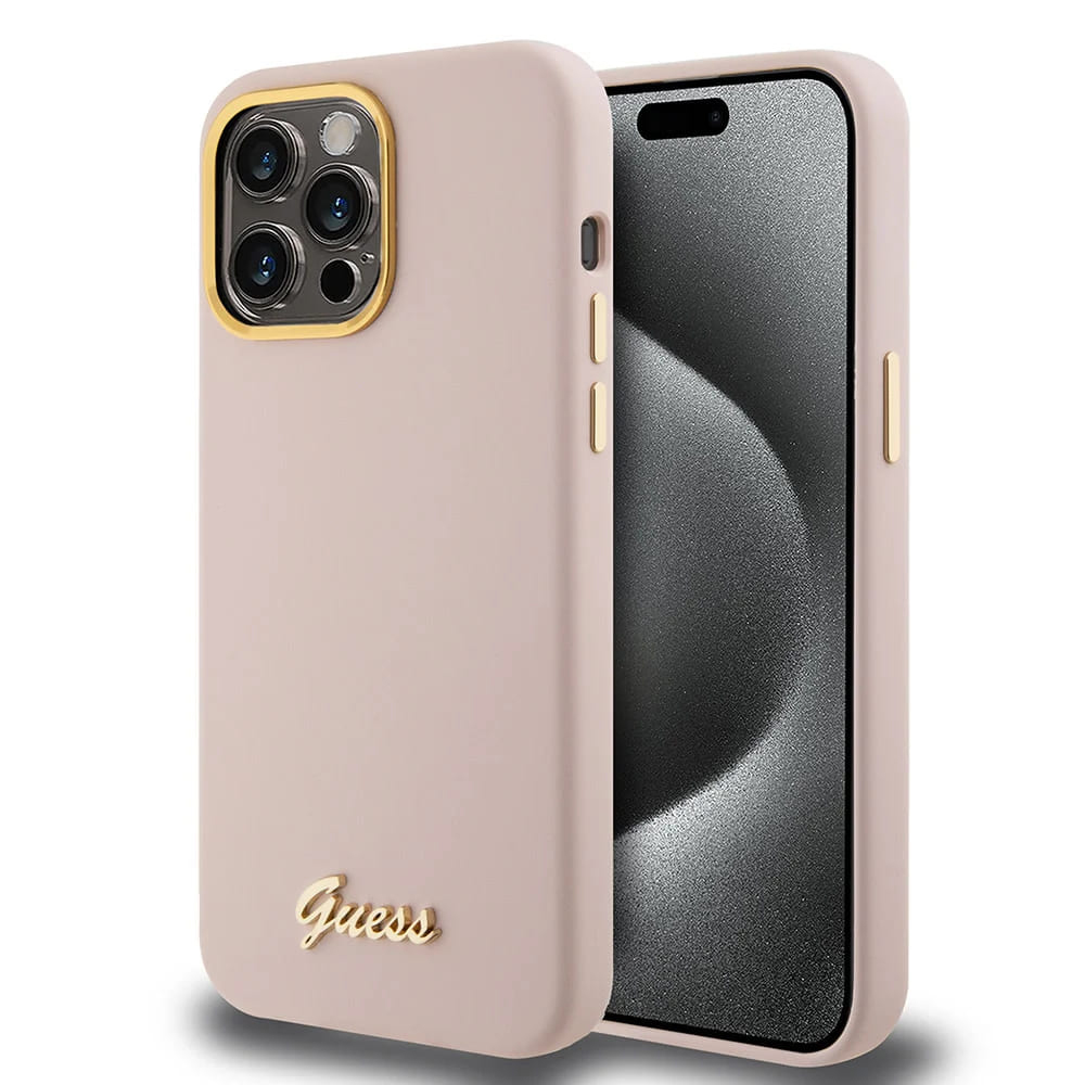 Калъф за iPhone 15 Pro - Guess Silicone Script Metal Metal Logo & Frame (GUHCP15LSMBSLP) - светло розов