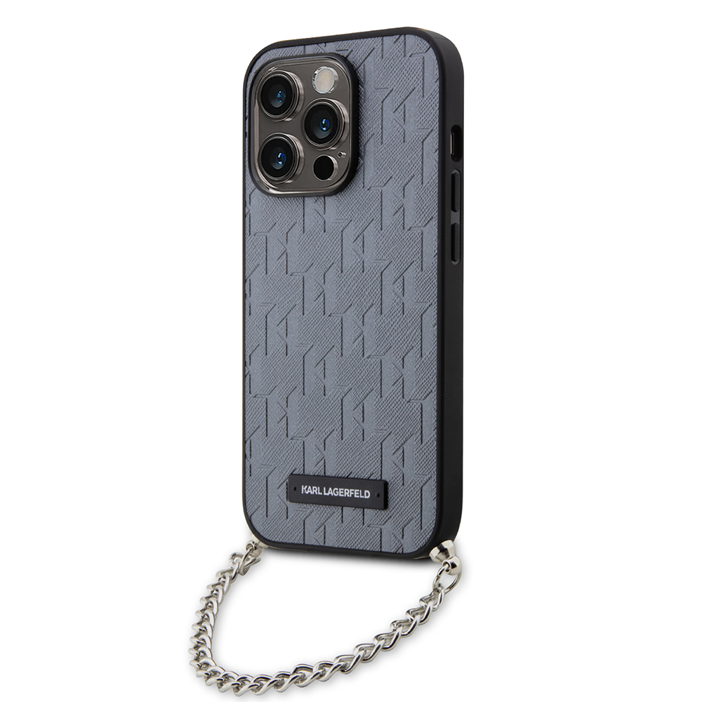 Калъф за iPhone 14 Pro - Karl Lagerfeld Saffiano Monogram Chain (KLHCP14LSACKLHPG) - Сребрист
