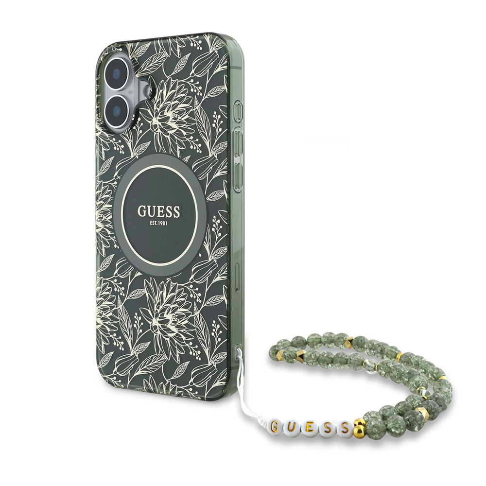 Калъф за iPhone 16 Plus - Guess IML Flowers IML Allover Electro с перлена каишка MagSafe (GUHMP16MHCPOFPA) - Зелен