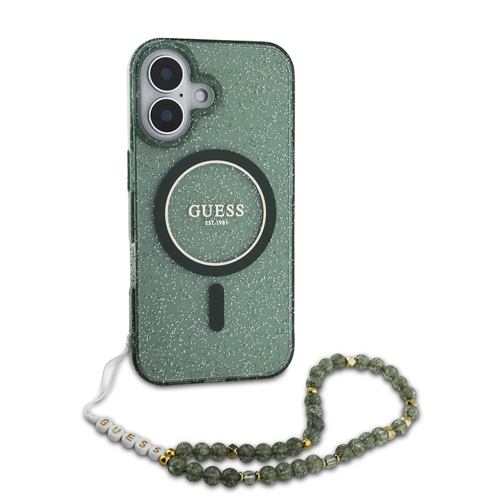 Калъф за iPhone 16 Plus - Guess IML Glitter with Pearl Strap MagSafe (GUHMP16MHGCGCRELSA) - Зелен