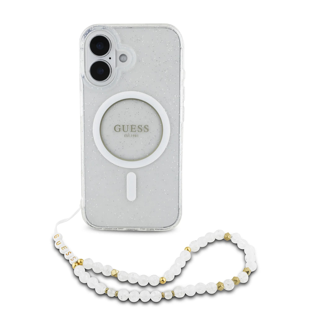 Калъф за iPhone 16 Plus - Guess IML Glitter with Pearl Strap MagSafe (GUHMP16MHGCGCRELST) - Прозрачен